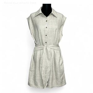 EMMA & MICHELE Taupe Sleeveless Romper M, W/Button Up Pockets Tie Waist